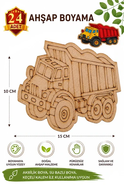 Ahşap Boyama Kamyon 24 Adet 10x15cm Araba Boyama Figürü Etkinlik Çoçuk Gelişim Motor Beceri Kreş Anasınıfı ürün görseli 1