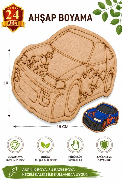 Ahşap Boyama Araba 24 Adet 10x15cm Araba Boyama Figürü Etkinlik Çoçuk Gelişim Motor Beceri Kreş Anasınıfı ürün görseli 1