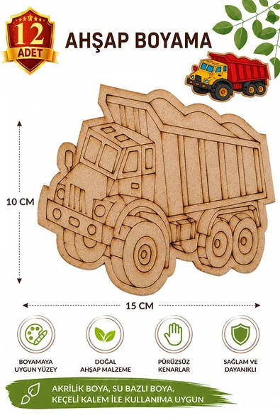 Ahşap Boyama Kamyon 12 Adet 10x15cm Araba Boyama Figürü Etkinlik Çoçuk Gelişim Motor Beceri Kreş Anasınıfı ürün görseli 1