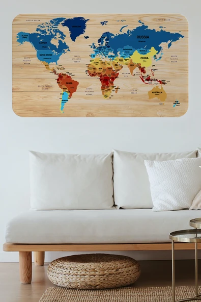 Trezon Ahşap Görünümlü Eğitici Detaylı Atlası Dünya Haritası Duvar Sticker -60x105-3856 ürün görseli 1