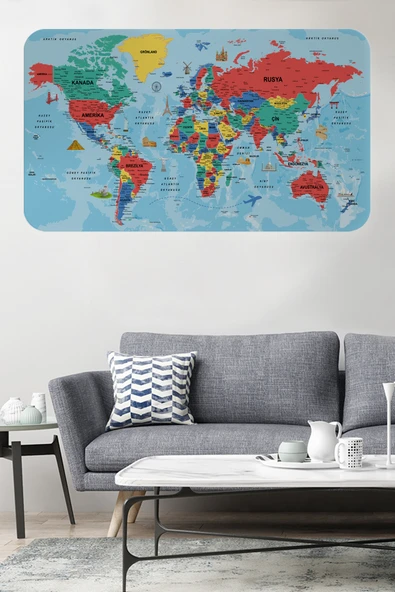 Trezon Türkçe Eğitici Ülke ve Başkent Okyanus Detaylı Atlası Dünya Haritası Duvar Sticker -60x105-3863 ürün görseli 1