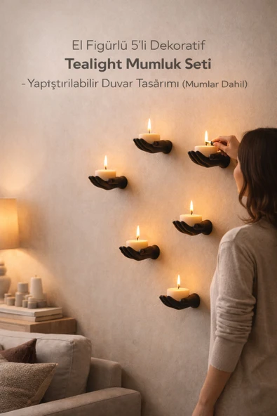Trezon El Figürlü 5’li Dekoratif Tealight Mumluk Seti – Yapıştırılabilir Duvar Tasarımı (Mumlar Dahil) ürün görseli 1