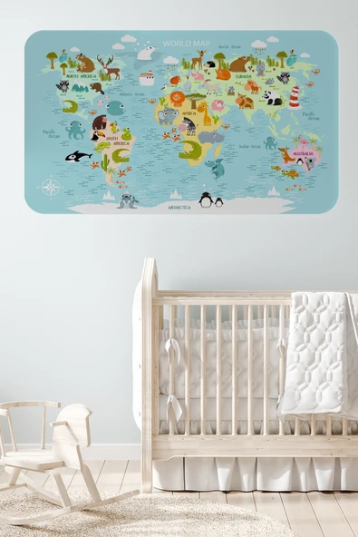 Trezon Eğitici Dünya Haritası Dünya Atlası Çocuk ve Bebek Odası Duvar Sticker-60x105-3782 ürün görseli 1
