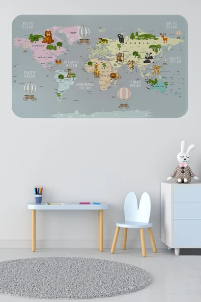 Trezon Eğitici Dünya Haritası Dünya Atlası Çocuk ve Bebek Odası Duvar Sticker -60x105-3816 ürün görseli 1