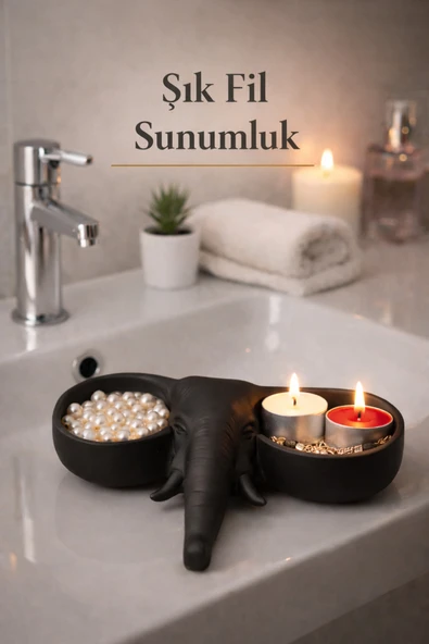 Trezon Siyah Fil Figürlü Dekoratif Sunumluk Çok Amaçlı Takı Organizer Lokumluk Mumluk 15x15 cm ürün görseli 1