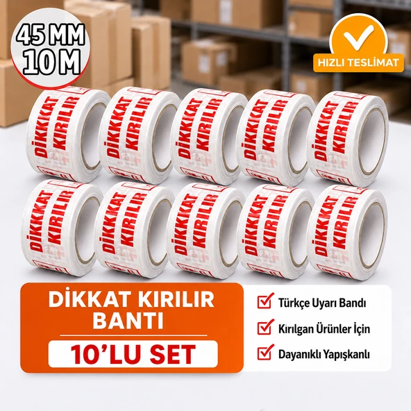 (10 ADET) DİKKAT KIRILIR Koli Bandı 45x100 MT Kırılabilir Uyarı Baskılı Güçlü Paketleme Bantı ürün görseli 1