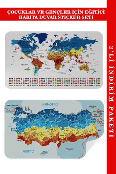 Trezon Eğitici - Öğretici Dünya ve Türkiye Haritası Çocuk Odası Duvar Sticker-85x130-3891 ürün görseli 1