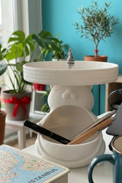 Trezon Sevimli Kedi Yuvalı Organizer – Tepsili Masa Düzenleyici 15 x 17 cm Beyaz ürün görseli 1