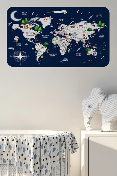 Trezon Eğitici ve Bayraklı Dünya Haritası Dünya Atlası Çocuk ve Bebek Odası Duvar Sticker-60x105-3819 ürün görseli 1