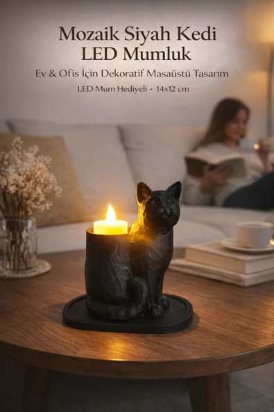Trezon Siyah Mozaik Dekoratif Kedi Biblo Led Mumlu Şık Ev Ofis MasaÜstü Mumluk (Led Mum Hediye) 14 x 12 ürün görseli 1