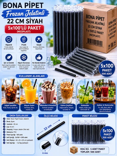 Bona Pipet Frozan Jelatinli 22 cm Siyah 5x100'lü Paket (Niceplast) ürün görseli 1
