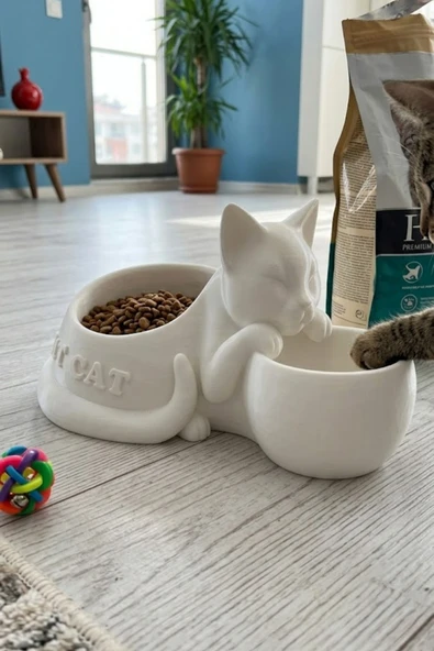 Trezon Kedi Figürlü Mama Kabı Çift Hazneli Dekoratif Mama ve Su Kabı 25 cm ürün görseli 1