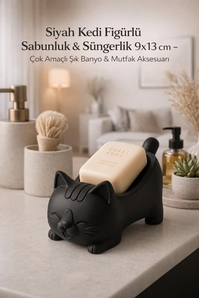 Trezon Siyah Kedi Figürlü Sabunluk & Süngerlik 9x13 cm – Çok Amaçlı Şık Banyo & Mutfak Aksesuarı ürün görseli 1