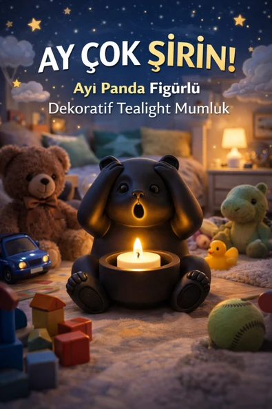 Trezon Ayı Panda Figürlü Dekoratif Tealight Mumluk Vegan Tasarım Çevre Dostu 14x17 cm ürün görseli 1