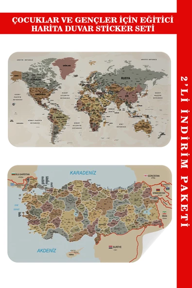Trezon Eğitici ve Öğretici Dünya ve Türkiye Haritası Çocuk Odası Duvar Sticker-60x105-3883 ürün görseli 1
