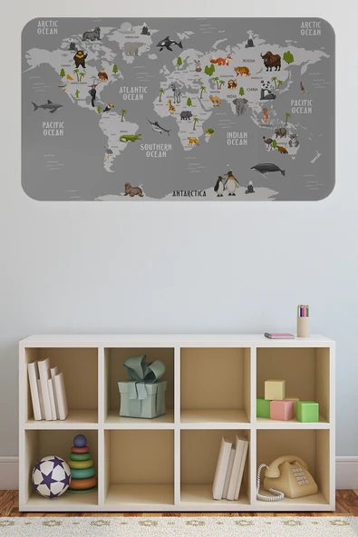 Trezon Eğitici Dünya Haritası Dünya Atlası Çocuk ve Bebek Odası Duvar Sticker-60x105-3794 ürün görseli 1