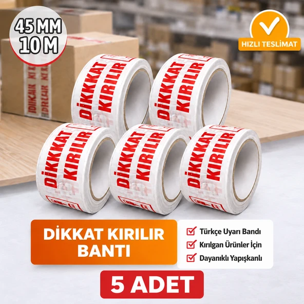 (5 ADET) DİKKAT KIRILIR Koli Bandı 45x100 MT Kırılabilir Uyarı Baskılı Güçlü Paketleme Bantı ürün görseli 1