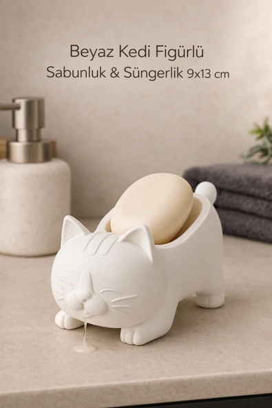 Trezon Beyaz Kedi Figürlü Sabunluk & Süngerlik 9x13 cm – Çok Amaçlı Şık Banyo ve Mutfak Organizer ürün görseli 1