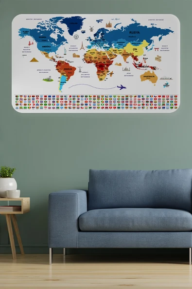 Trezon Ülke Bayrak lı Eğitici Başkent Detaylı Atlası Dünya Haritası Duvar Sticker -60x105-3857 ürün görseli 1
