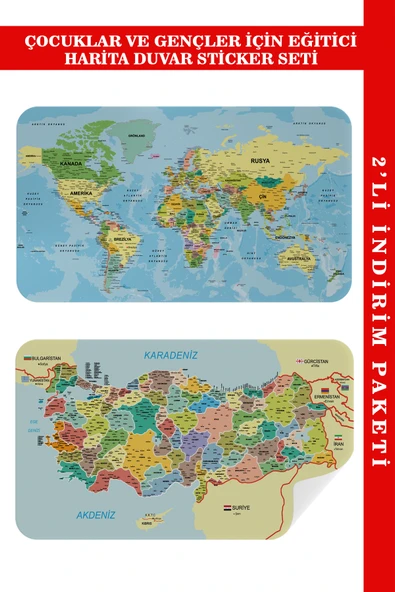 Trezon Eğitici - Öğretici Dünya ve Türkiye Haritası Çocuk Odası Duvar Sticker-60x105-3888 ürün görseli 1