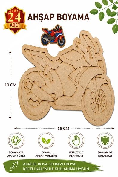 Ahşap Boyama Motorsiklet 24 Adet 10x15cm Araba Boyama Figürü Etkinlik Çoçuk Gelişim Motor Beceri Kreş Anasınıfı ürün görseli 1