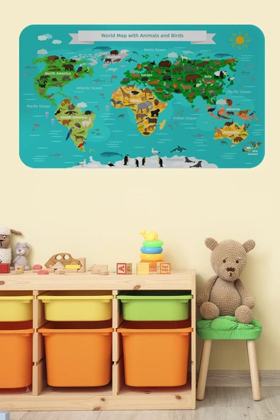 Trezon Eğitici Dünya Haritası Dünya Atlası Çocuk ve Bebek Odası Duvar Sticker-60x105-3780 ürün görseli 1