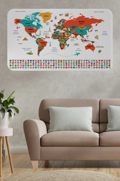 Trezon Türkçe Ülke Bayrak lı Eğitici Başkent Detaylı Atlası Dünya Haritası Duvar Sticker -60x105-3858 ürün görseli 1