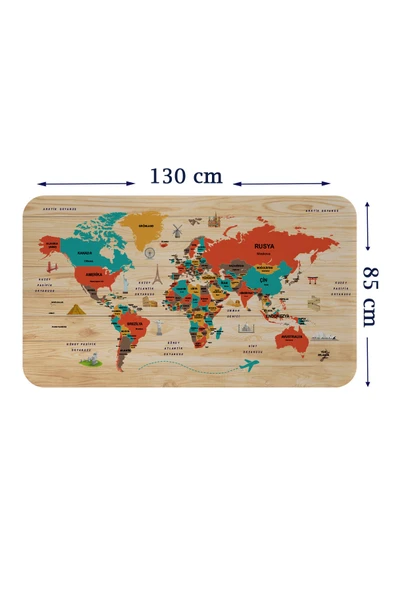 Trezon Ahşap Görünümlü Türkçe Eğitici Detaylı Atlası Dünya Haritası Duvar Sticker-85x130-3867 ürün görseli 1
