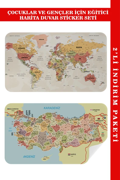 Trezon Eğitici - Öğretici Dünya ve Türkiye Haritası Çocuk Odası Duvar Sticker-85x130-3890 ürün görseli 1