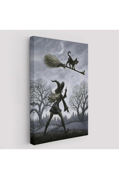 Trezon Cadı Süpürgesi ile Uçan Kara Kedi Tablosu, Witches Halloween-6353 ürün görseli 1