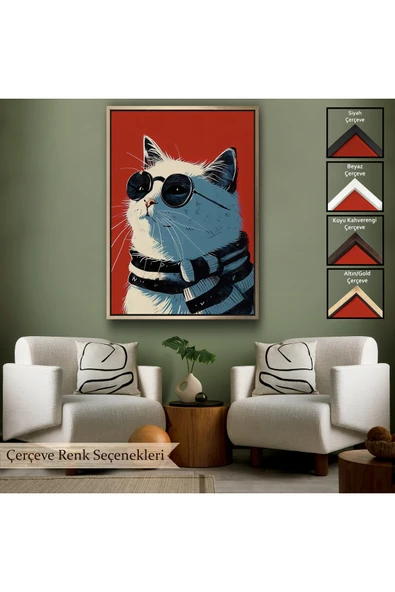 Trezon Ahşap Çerçeveli Cool Kedi Tablo-7643 - Resim 6