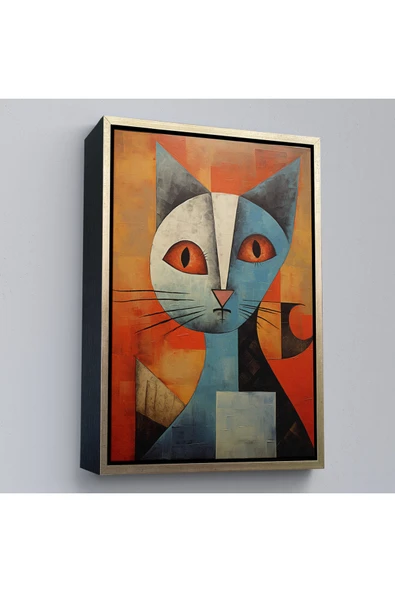 Trezon Ahşap Çerçeveli Pablo Picasso Tarzı - Soyut Renkli Kedi Tablo-7373 ürün görseli 1