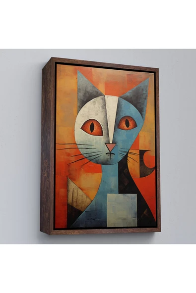 Trezon Ahşap Çerçeveli Pablo Picasso Tarzı - Soyut Renkli Kedi Tablo-7373 ürün görseli 1