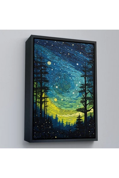 Trezon Ahşap Çerçeveli Vincent Van Gogh Tarzı Yıldızlı Gece Tablosu-7518 ürün görseli 1