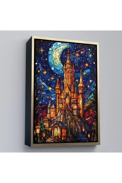 Trezon Ahşap Çerçeveli Modern Peri Masalı Kanaviçe Vitray Kale Tablosu-7983 ürün görseli 1