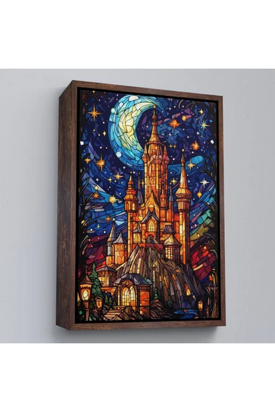 Trezon Ahşap Çerçeveli Modern Peri Masalı Kanaviçe Vitray Kale Tablosu-7983 ürün görseli 1