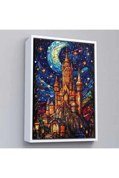 Trezon Ahşap Çerçeveli Modern Peri Masalı Kanaviçe Vitray Kale Tablosu-7983 ürün görseli 1