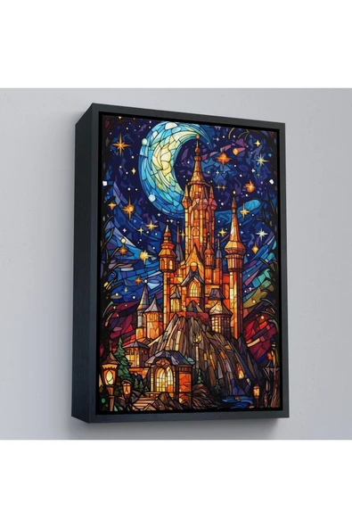 Trezon Ahşap Çerçeveli Modern Peri Masalı Kanaviçe Vitray Kale Tablosu-7983 ürün görseli 1
