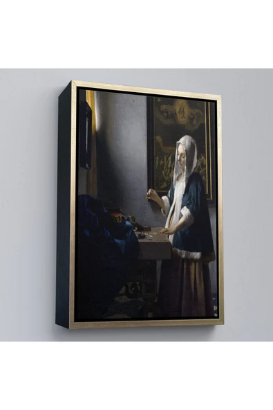 Trezon Ahşap Çerçeveli Johannes Vermeer - Teraziyi Tutan Kadın Tablosu - A Woman Holding A Balance-7500 ürün görseli 1
