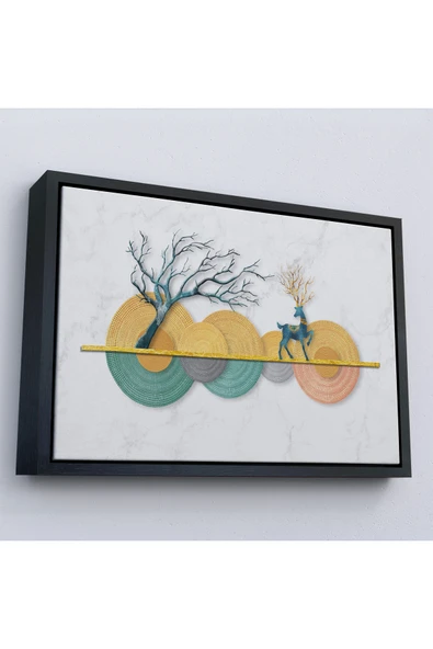 Trezon Ahşap Çerçeveli Modern Geometrik Dairelerden Ve Geyikler Tablosu-7224 ürün görseli 1
