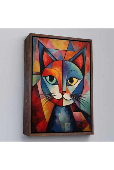 Trezon Ahşap Çerçeveli Pablo Picasso Tarzı - Soyut Renkli Kedi Tablo-7375 ürün görseli 1