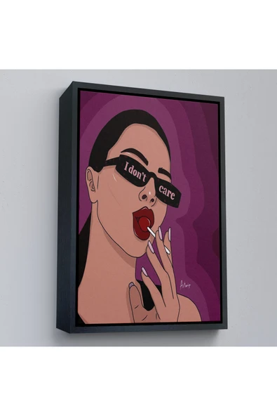 Trezon Ahşap Çerçeveli I Don'T Care - Umrumda Değil Yazan Pop Art Kadın Tablo-7681 ürün görseli 1