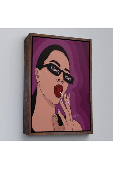 Trezon Ahşap Çerçeveli I Don'T Care - Umrumda Değil Yazan Pop Art Kadın Tablo-7681 ürün görseli 1