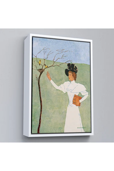 Trezon Ahşap Çerçeveli Edward Penfield - Kuşlara Uzanan Kadın Tablo-8045 ürün görseli 1