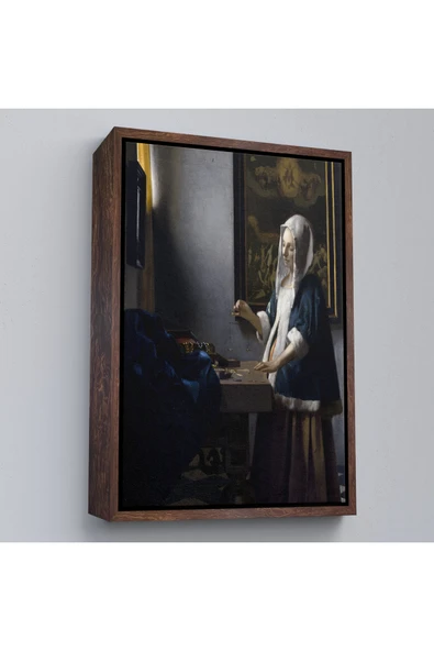 Trezon Ahşap Çerçeveli Johannes Vermeer - Teraziyi Tutan Kadın Tablosu - A Woman Holding A Balance-7500 ürün görseli 1