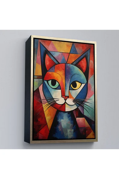 Trezon Ahşap Çerçeveli Pablo Picasso Tarzı - Soyut Renkli Kedi Tablo-7375 ürün görseli 1