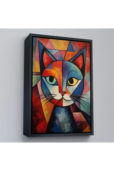 Trezon Ahşap Çerçeveli Pablo Picasso Tarzı - Soyut Renkli Kedi Tablo-7375 ürün görseli 1
