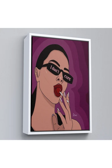 Trezon Ahşap Çerçeveli I Don'T Care - Umrumda Değil Yazan Pop Art Kadın Tablo-7681 ürün görseli 1