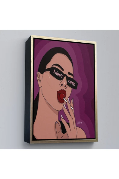 Trezon Ahşap Çerçeveli I Don'T Care - Umrumda Değil Yazan Pop Art Kadın Tablo-7681 ürün görseli 1