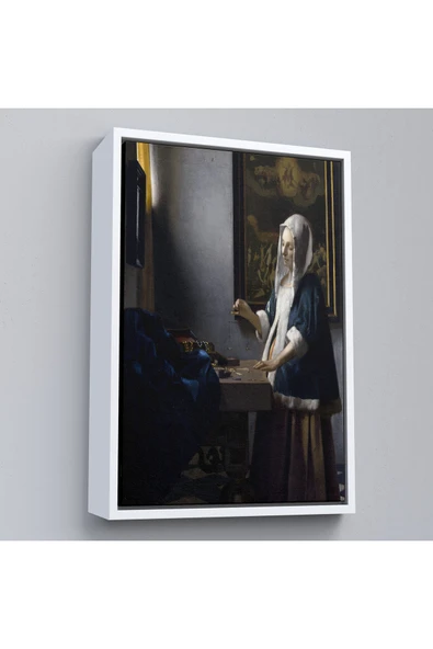 Trezon Ahşap Çerçeveli Johannes Vermeer - Teraziyi Tutan Kadın Tablosu - A Woman Holding A Balance-7500 ürün görseli 1